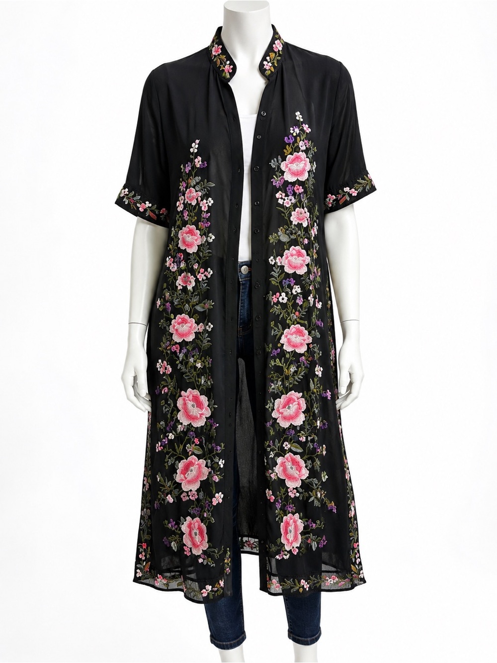 Metisu Floral Embroidered Black Sheer Duster Kimono Large